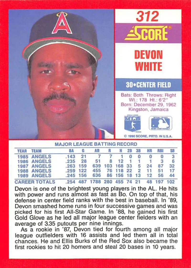 1990 Score #312 Devon White California Angels Baseball Card with navy cap and red bill