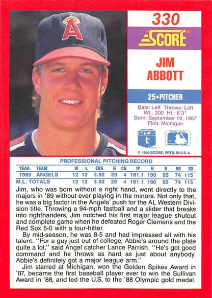 1990 Score Jim Abbott California Angels Baseball Card with navy blue cap image