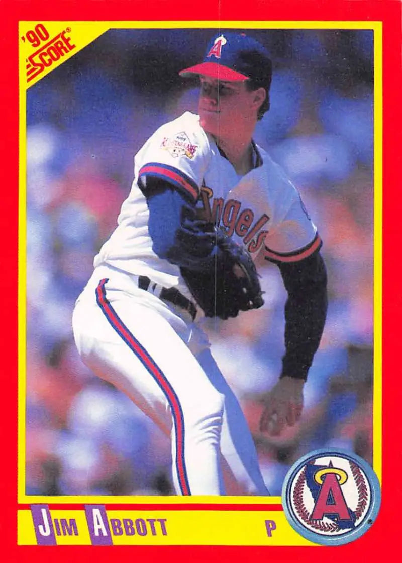 California Angels Baseball card of Jim Abbott in white uniform during pitching motion