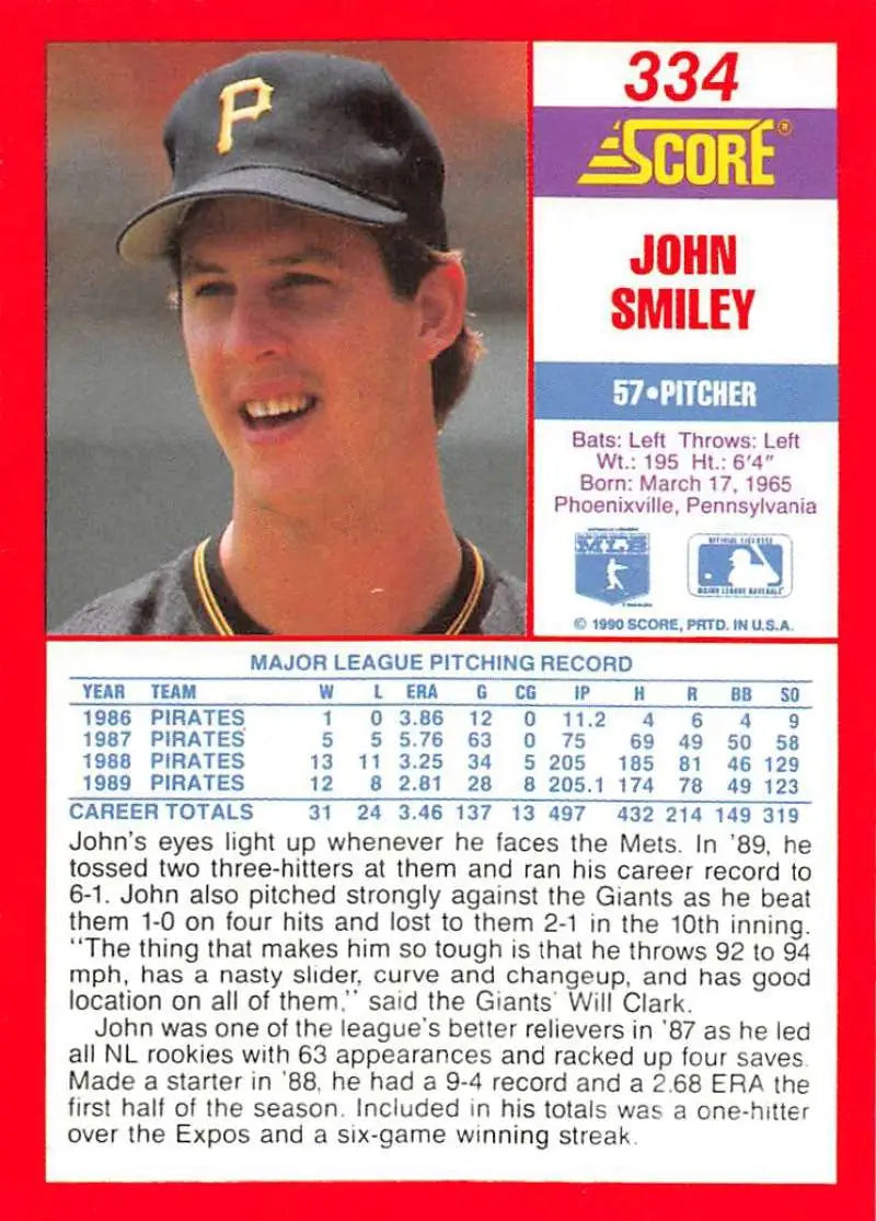 1991 Score baseball card of John Smiley, Pittsburgh Pirates pitcher in black cap