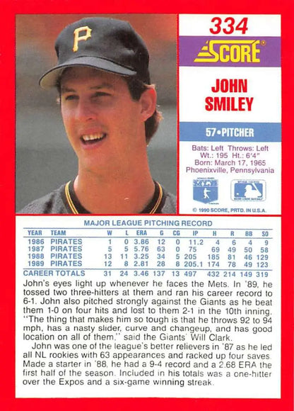 1991 Score baseball card of John Smiley, Pittsburgh Pirates pitcher in black cap