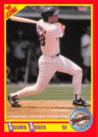 Baseball card of Shawn Abner swinging in a pinstripe San Diego Padres uniform