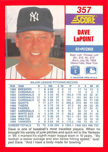 1991 Score baseball card of Dave LaPoint in New York Yankees navy cap with logo