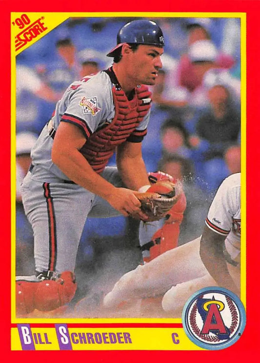 California Angels catcher Bill Schroeder in defensive position on baseball card