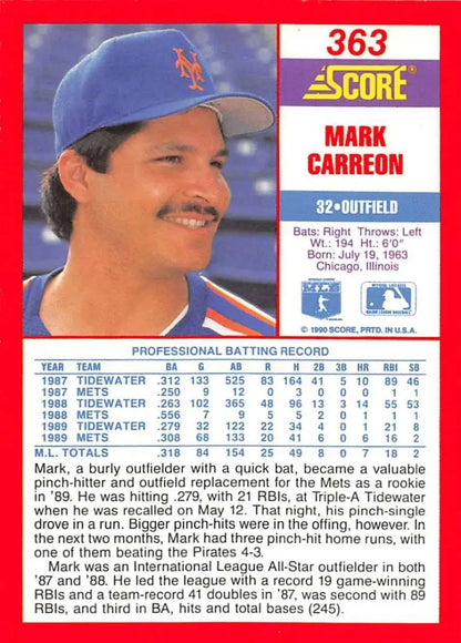 Baseball card of Mark Carreon, New York Mets outfielder in blue cap from Score series