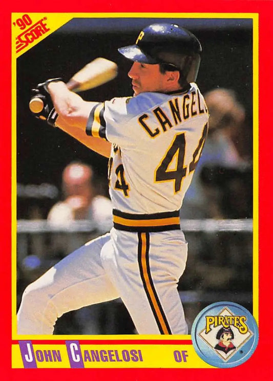 John Cangelosi in white and black uniform swings bat on Pittsburgh Pirates baseball card