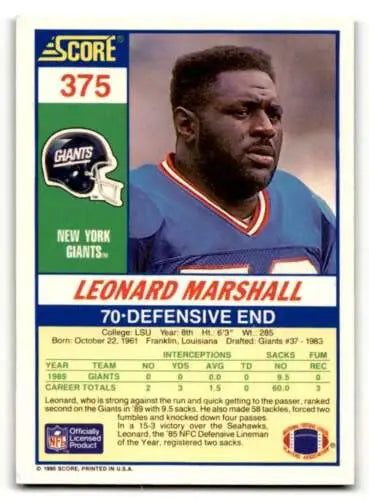 Leonard Marshall 1990 Score #375 New York Giants Football Card with original gloss