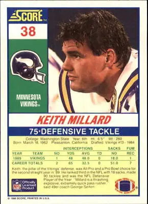 Keith Millard Minnesota Vikings NFL Football Card from 1990 Score #38 in NM condition