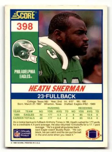 Heath Sherman Philadelphia Eagles football card with original gloss 1990 Score #398