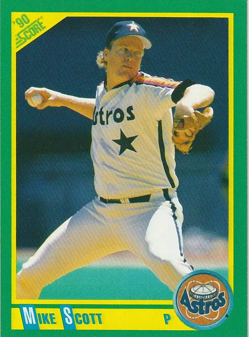 Mike Scott pitching in a white uniform on a Houston Astros Baseball card