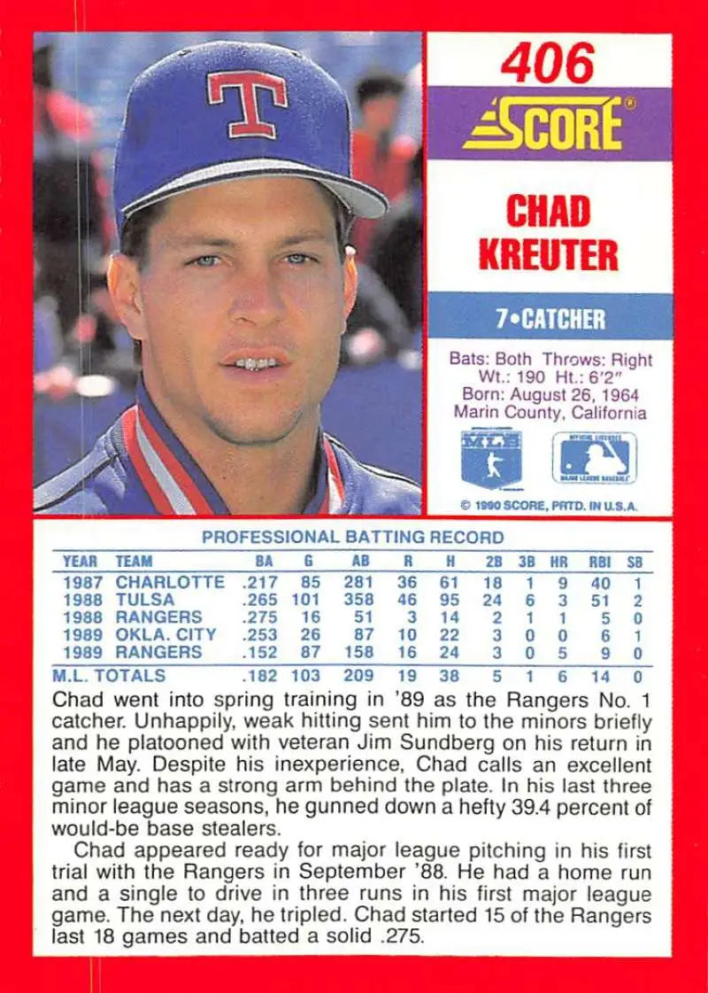 Texas Rangers baseball card of Chad Kreuter in blue cap and red jersey