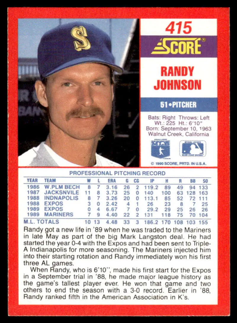 Randy Johnson 1991 Score Seattle Mariners Baseball Card in EX/NM condition