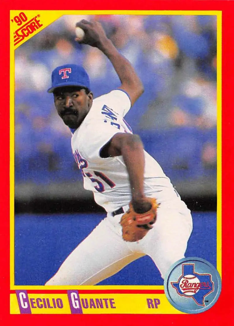 Cecilio Guante pitching in Texas Rangers uniform on 1990 baseball card image