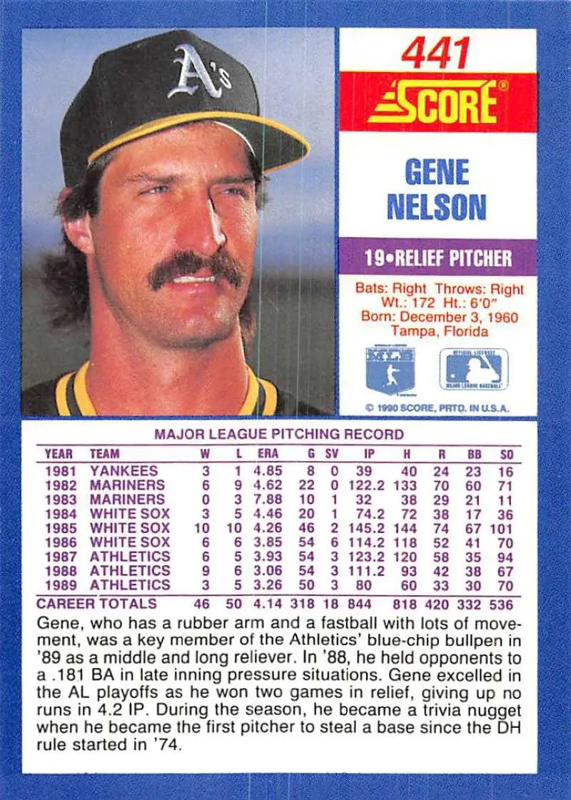 Gene Nelson NM-MT Oakland Athletics Baseball Card from Score’s 1991 set