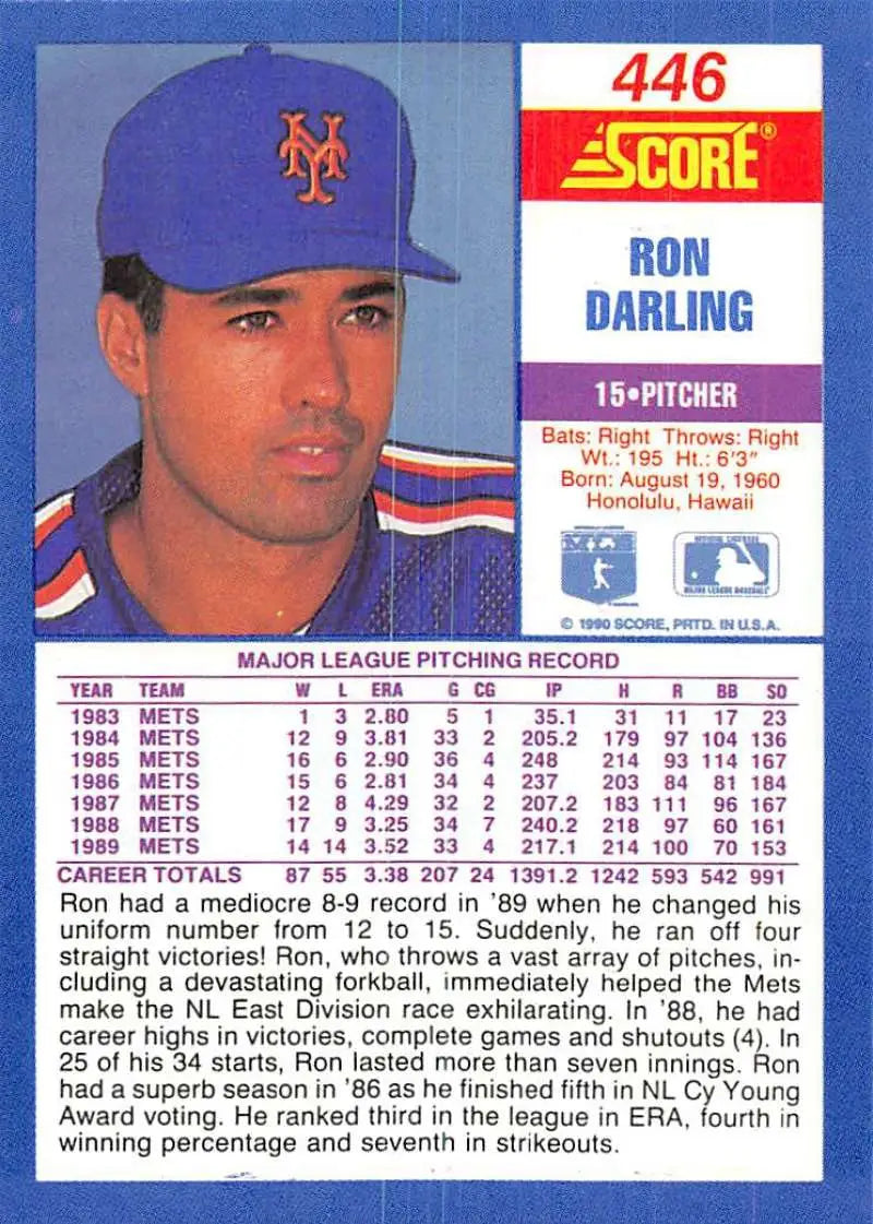 1991 Score baseball card of Ron Darling, New York Mets pitcher in blue cap