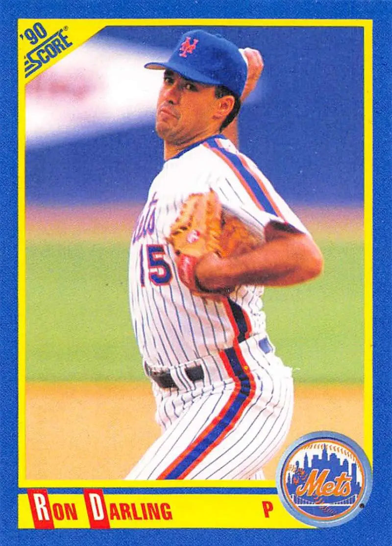 Baseball card of Ron Darling in a white pinstriped New York Mets uniform