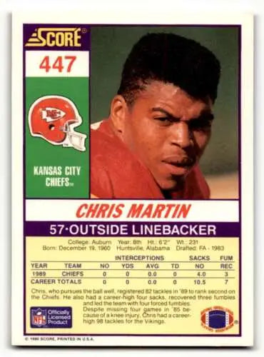 1990 Score #447 Chris Martin Kansas City Chiefs Football Card with original gloss quality