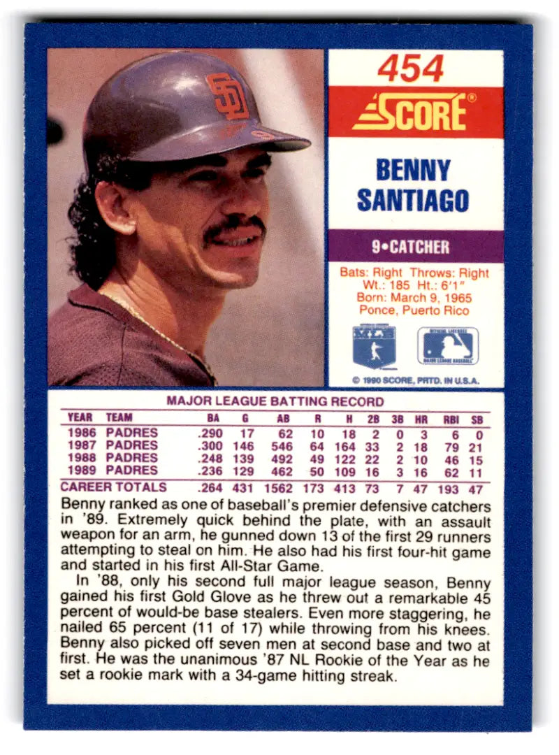 1990 Score #454 Benito Santiago baseball card with original gloss, NM-MT Padres