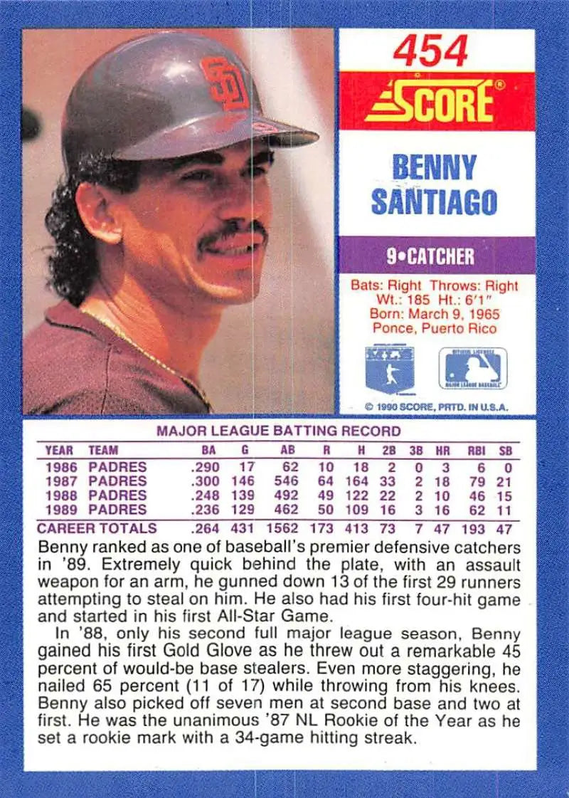 1990 Score Baseball Card of Benito Santiago, San Diego Padres Catcher from the 1980s