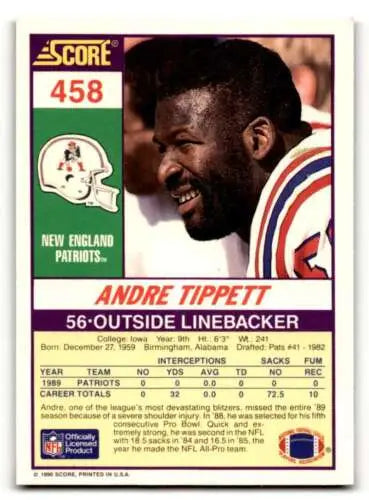 1990 Score #458 Andre Tippett New England Patriots football card with original gloss