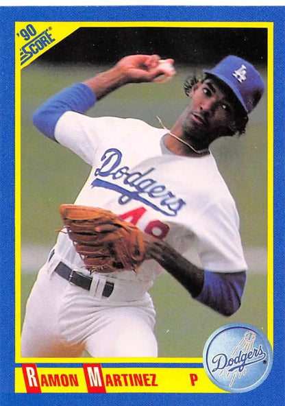 1990 Score Ramon Martinez baseball card showcasing Los Angeles Dodgers pitcher throwing