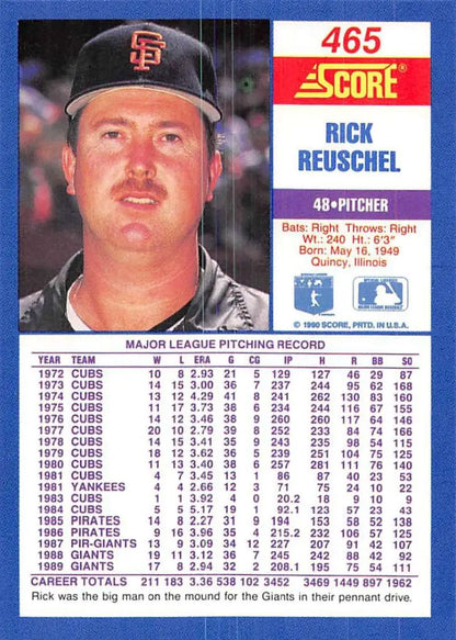 1990 Score baseball card of Rick Reuschel, San Francisco Giants pitcher, NM-MT condition