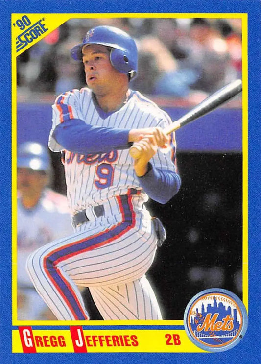 Baseball card of Gregg Jefferies in pinstriped uniform for New York Mets