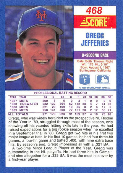 1990 Score Baseball Card of Gregg Jefferies with New York Mets blue cap