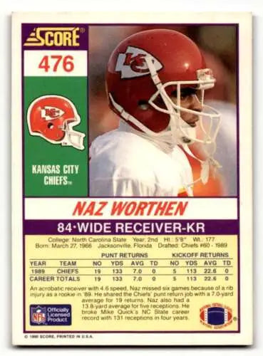 Naz Worthen Kansas City Chiefs football card 1990 Score #476 original gloss condition