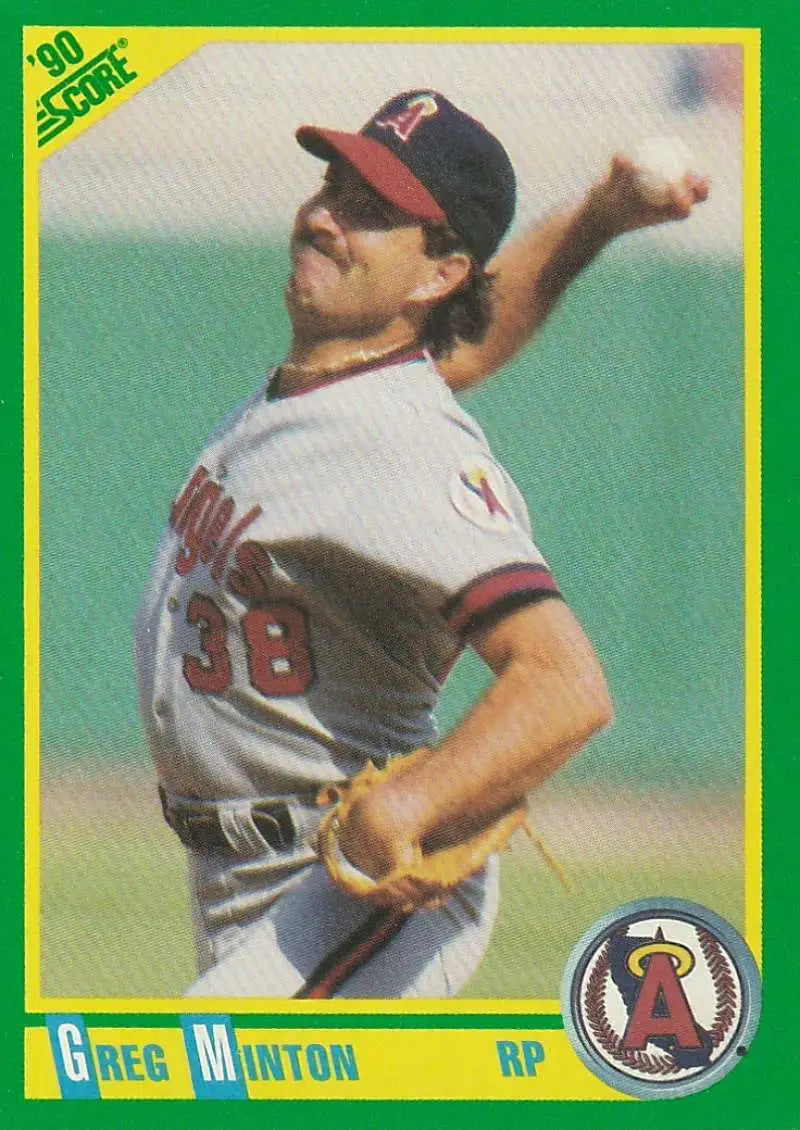 Greg Minton California Angels baseball card showing pitcher in mid-throwing motion