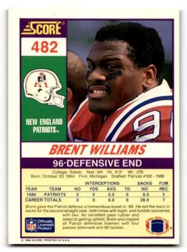 1990 Score #482 Brent Williams New England Patriots football card with original gloss