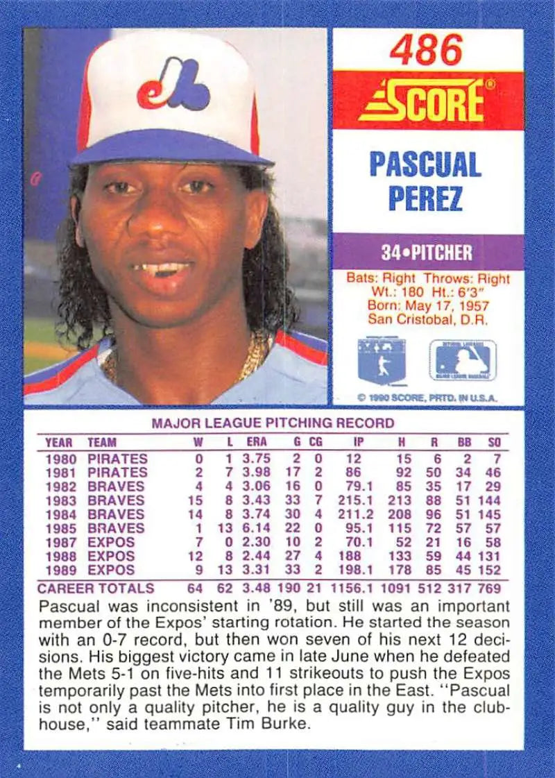 Vintage 1991 Score baseball card of Pascual Perez from Montreal Expos