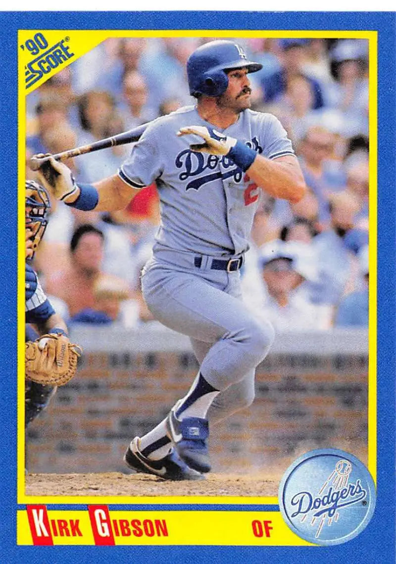 1990 Score Baseball Card featuring Kirk Gibson of the Los Angeles Dodgers in batting stance