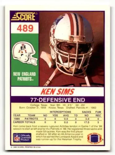 1990 Score Ken Sims New England Patriots Football Card original gloss EX/NM