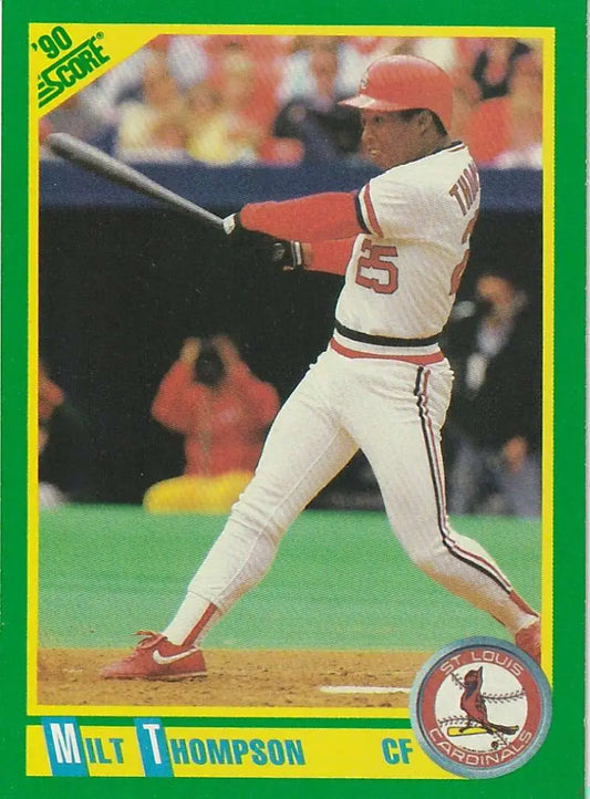 1990 Score baseball card of Milt Thompson, St. Louis Cardinals outfielder at bat