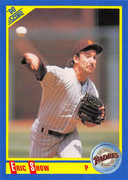 Baseball card of San Diego Padres pitcher Eric Show in white pinstriped uniform