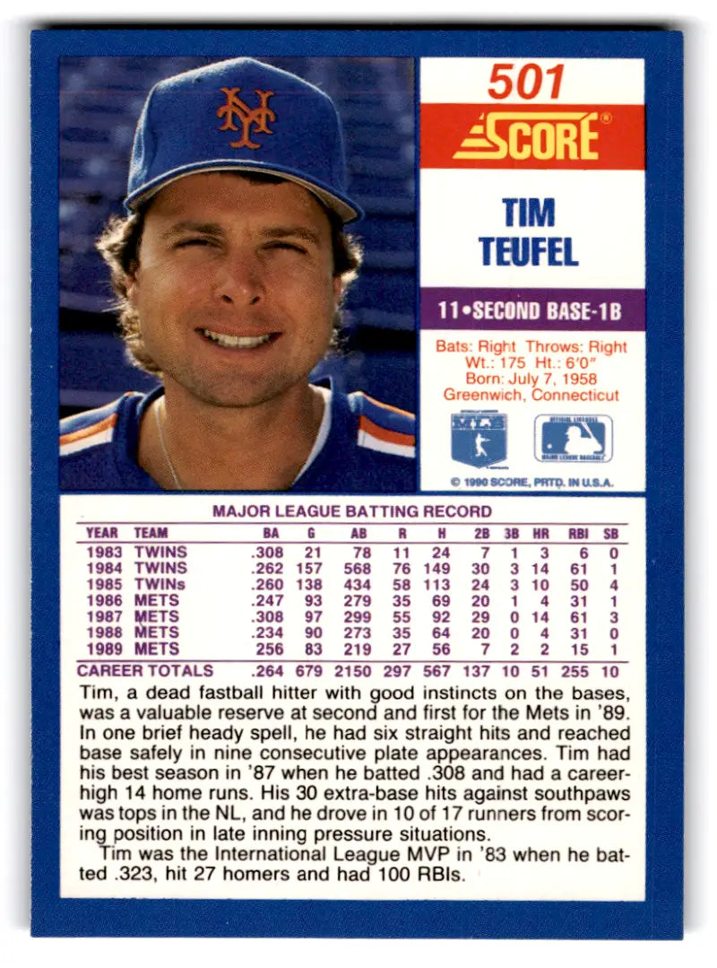 Tim Teufel baseball card 1990 Score #501 with original gloss, Mets UER ID:70044