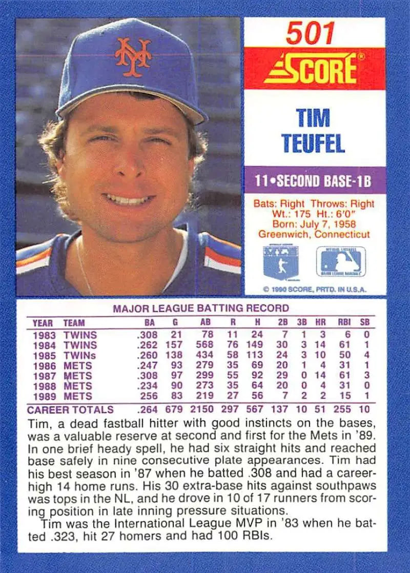 Vintage 1989 Score baseball card of Tim Teufel, New York Mets player in blue cap