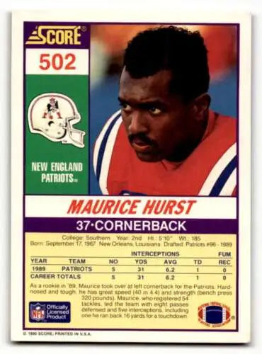 1990 Score #502 Maurice Hurst New England Patriots football card with original gloss