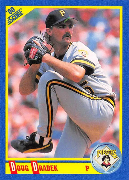 Doug Drabek mid-delivery on a 1990 Score Pittsburgh Pirates baseball card