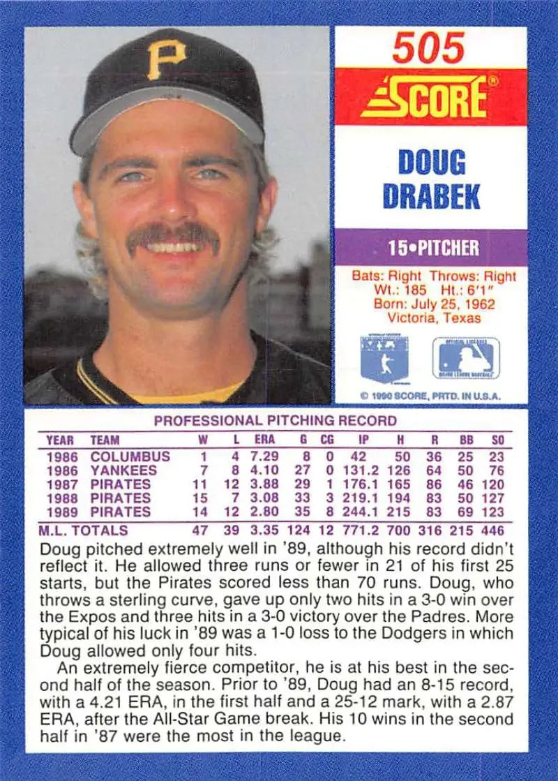 1991 Score baseball card of Doug Drabek, Pittsburgh Pirates pitcher, in team cap