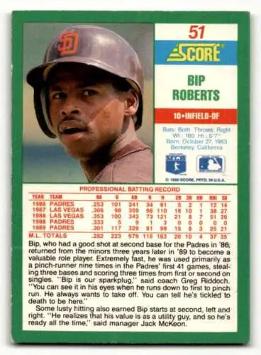 1990 Score #51 Bip Roberts San Diego Padres Baseball Card with original gloss design