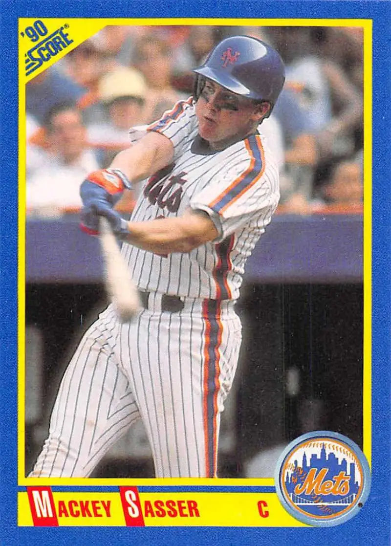 Baseball card of Mackey Sasser in pinstriped New York Mets uniform at bat