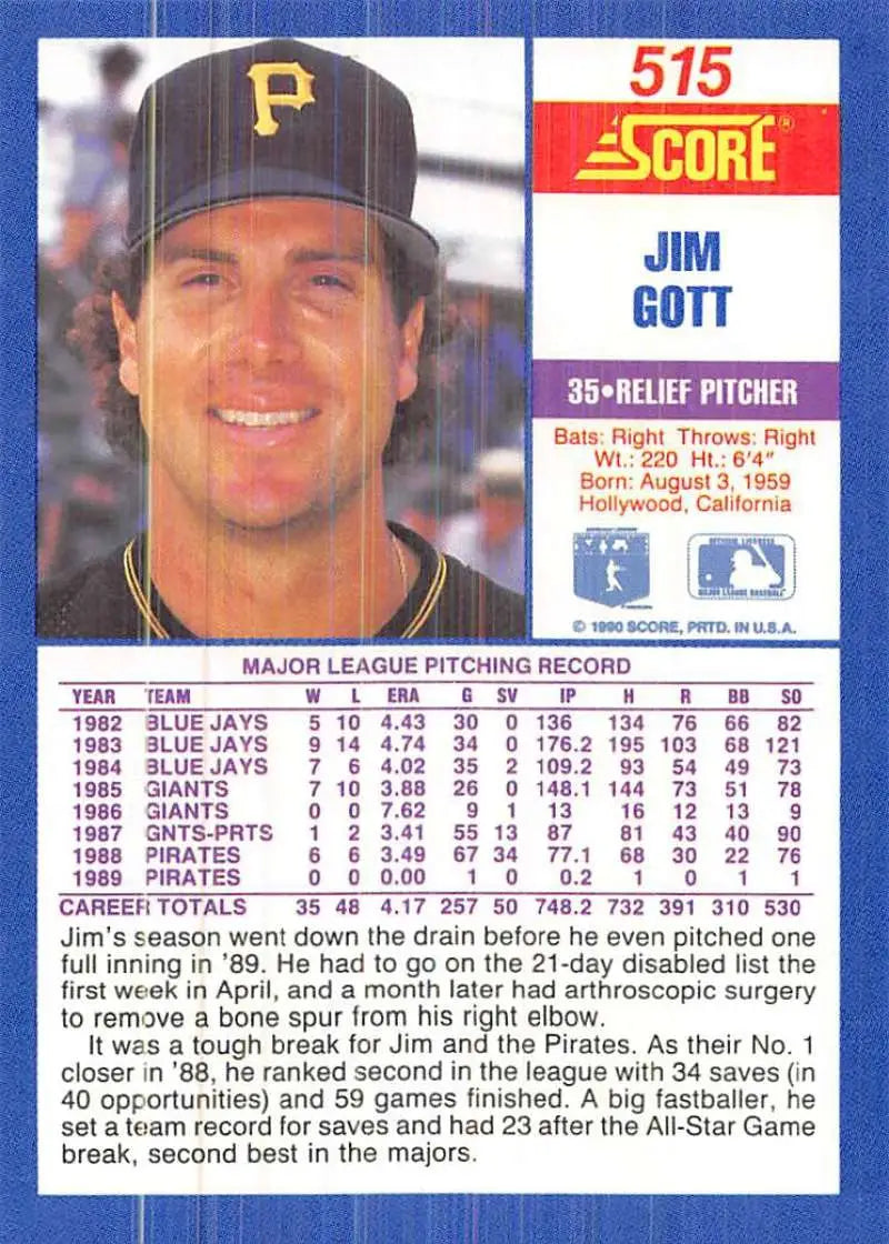 1990 Score #515 Jim Gott baseball card of Pittsburgh Pirates pitcher in black cap