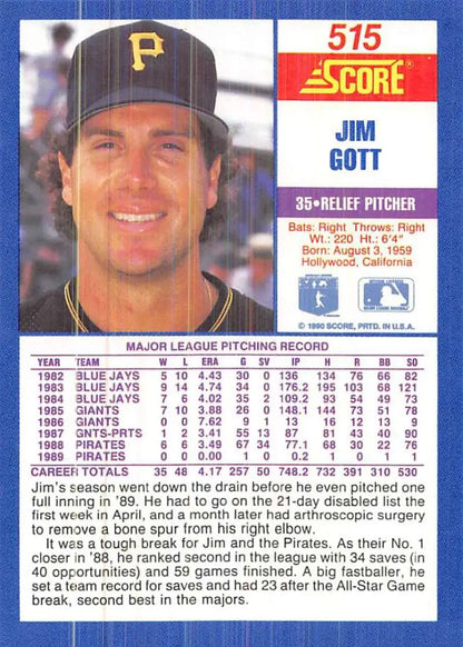 1990 Score #515 Jim Gott baseball card of Pittsburgh Pirates pitcher in black cap