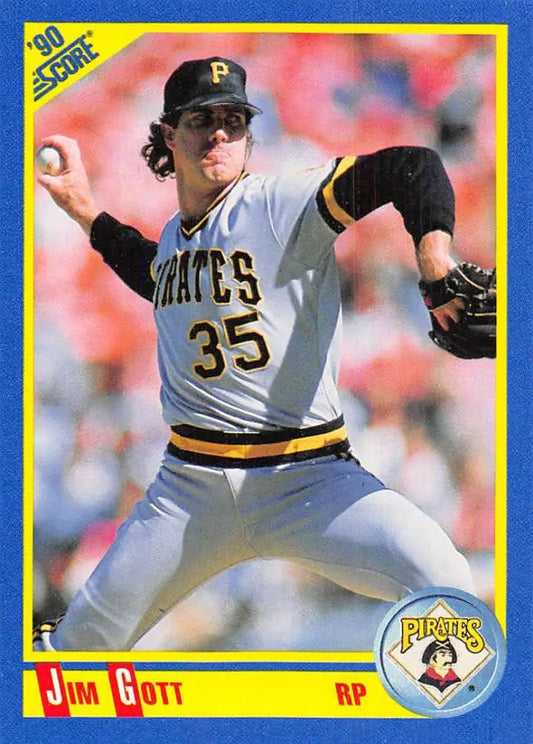 1990 Score Baseball Card of Jim Gott, Pittsburgh Pirates Pitcher in Mid-Throw