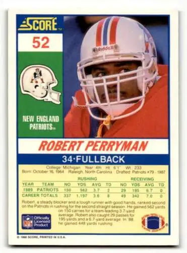 Robert Perryman 1990 Score football card featuring original gloss, England Patriots Football