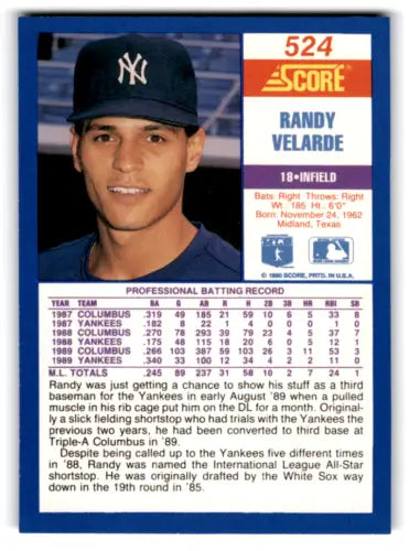 Randy Velarde baseball card 1990 Score #524 original gloss Yankees memorabilia