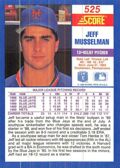 1991 Score baseball card featuring Jeff Musselman of the New York Mets in blue cap