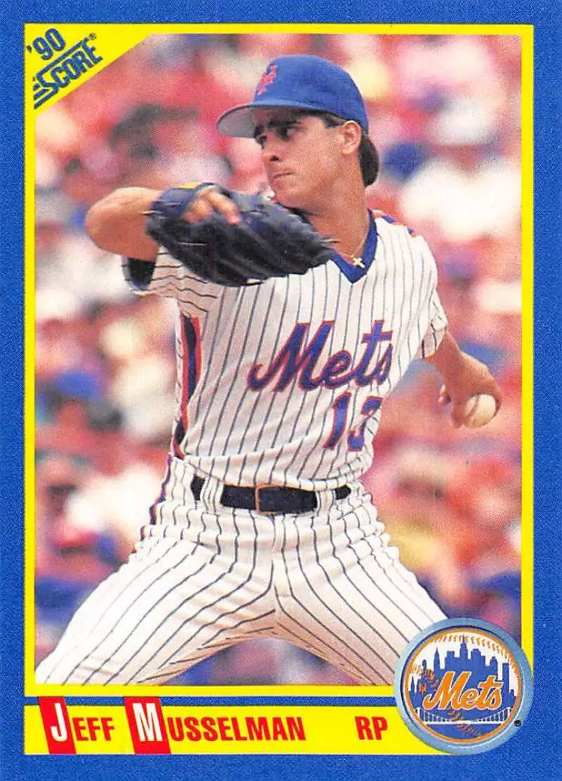 Baseball card of Jeff Musselman, Mets pitcher in pinstriped uniform mid-delivery